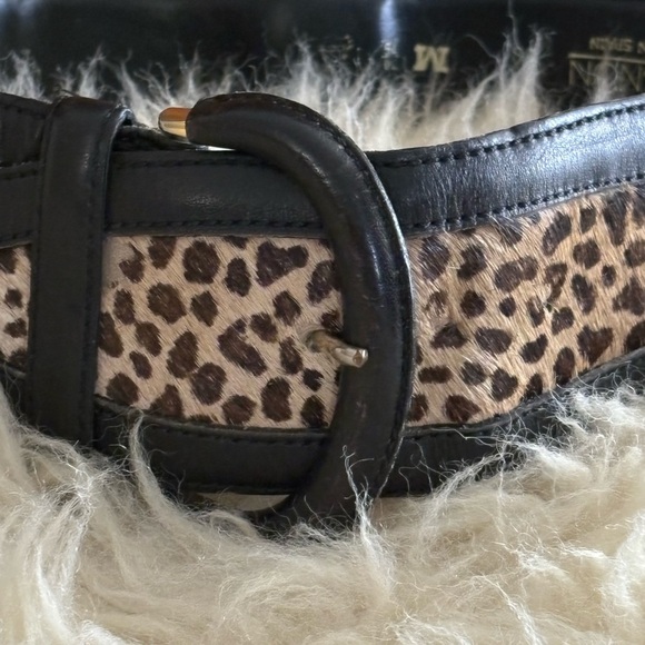 Black Leather/ Leopard Print Fur Wide Belt Made in Spain - Picture 4 of 5